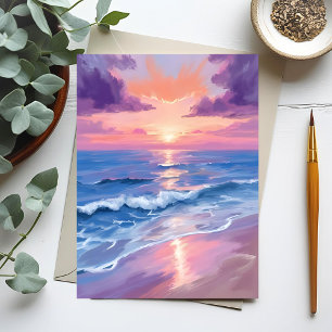 Lila Sonnenuntergang Lila Strand Ozean Aquarell Postkarte