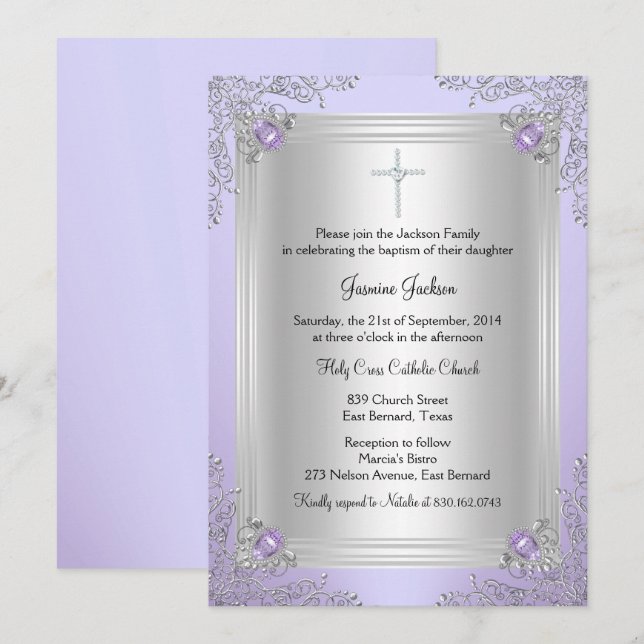 Lila Sparkle Jewel Baptisse/Christening Einladung (Vorne/Hinten)