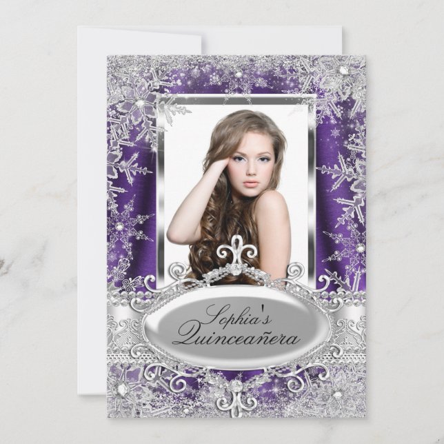 Lila Sparkle Jewel Snowflake Quinceanera Einladung (Vorderseite)