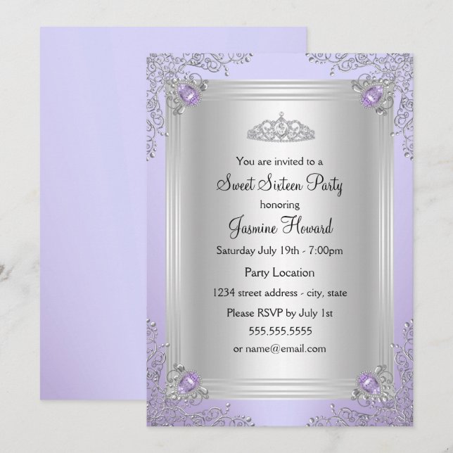 Lila Sparkle Jewel & Tiara Sweet 16 Einladung (Vorne/Hinten)