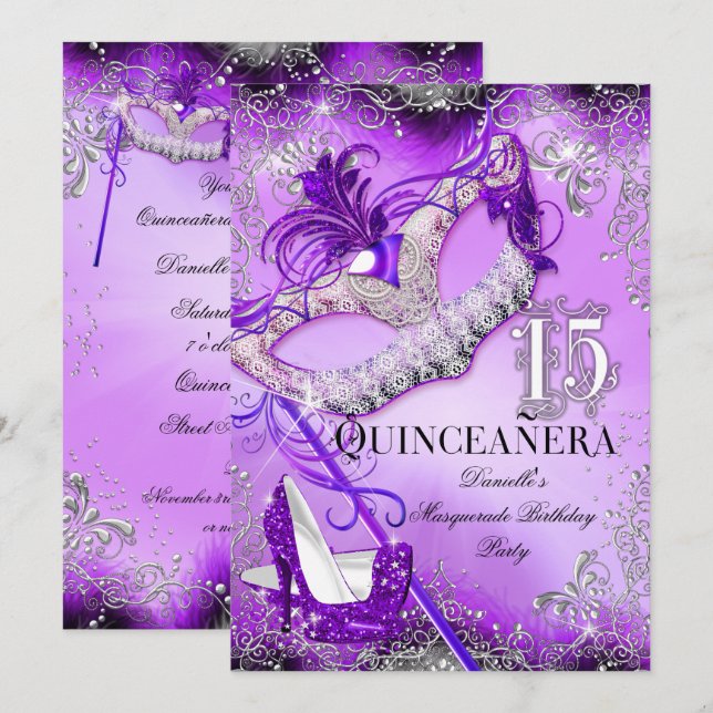 Lila Sparkle Masquerade Quinceanera Geburtstag Einladung (Vorne/Hinten)