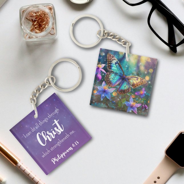 Lila Sparkle Philippianer 4:13 Verse Butterfly Schlüsselanhänger (Von Creator hochgeladen)