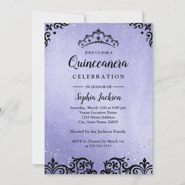 Lila Sparkle Tiara Damask Quinceanera Einladung (Vorderseite)