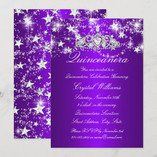 Lila Sparkle Tiara & Stars Quinceanera Einladung