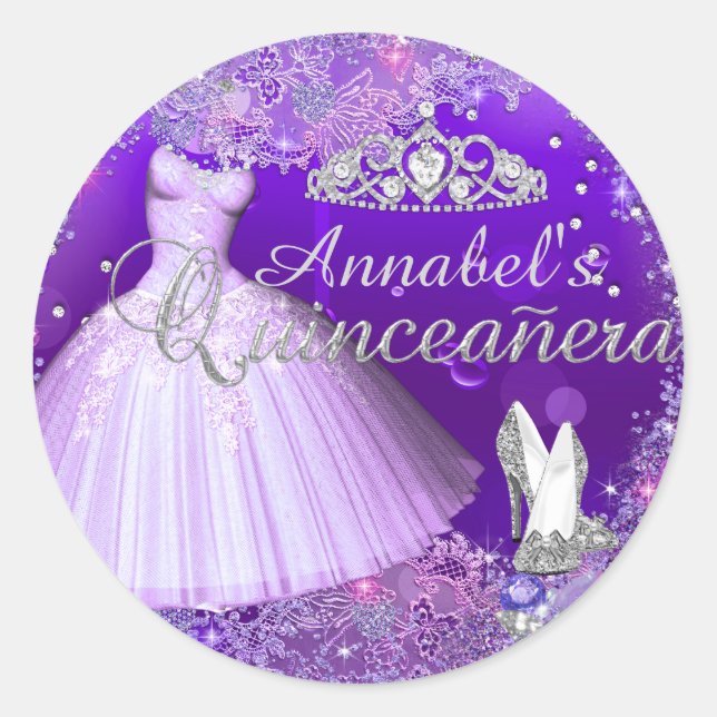 Lila Sparklorekleid & Tiara Quinceanera Sticker (Vorderseite)