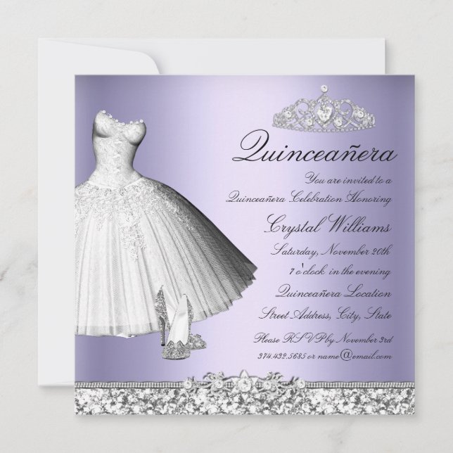 Lila Sparkor Glitzer Dress & Heelses Quinceanera Einladung (Vorderseite)