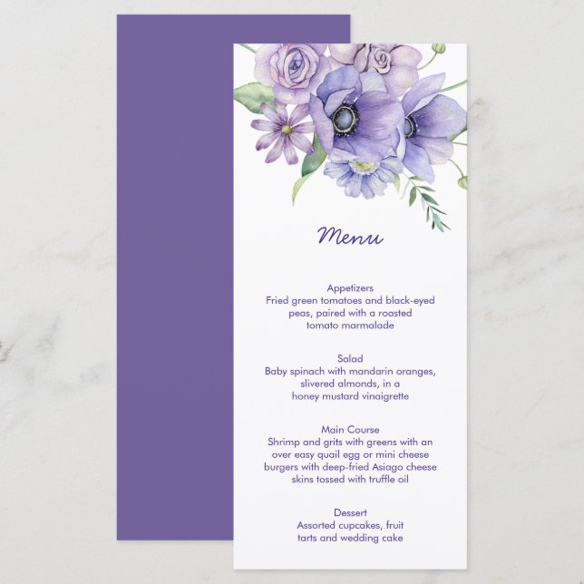 Lila Speisen, Anemonen, Rose Blumenmenü Menükarte (Vorne/Hinten)