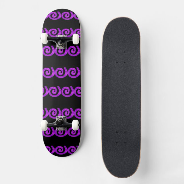 Lila Spiralmuster auf schwarz Skateboard (Vorderseite)
