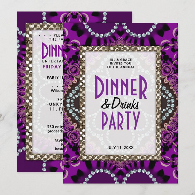 Lila Spitzen Glamour Abendessen Drinks Party Einladung (Vorne/Hinten)