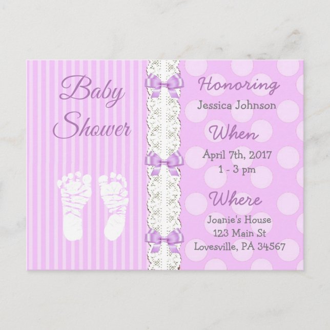 Lila Spitzen- und Bow Girl's Baby Shower Einladung (Vorderseite)