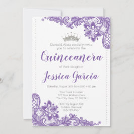 Lila Spitzen und Silver Glitzer Princess Quinceañe Einladung