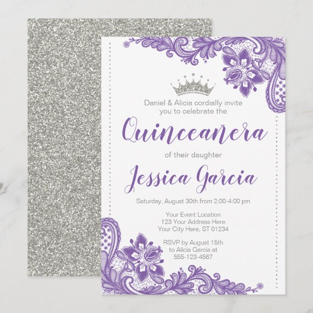 Lila Spitzen und Silver Glitzer Princess Quinceañe Einladung (Vorne/Hinten)