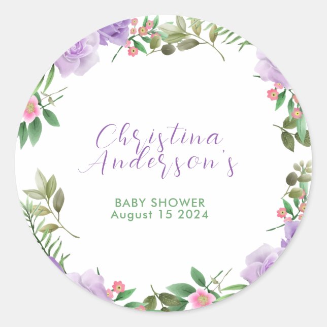 Lila Spring Floral Girl Babydusche Runder Aufkleber (Vorderseite)
