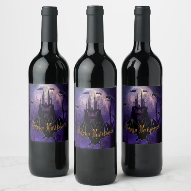 Lila Spuk Schloss Halloween Weinetikett (Flaschen)