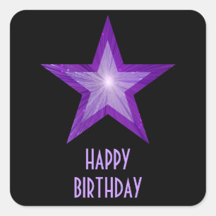 Lila Star-Aufkleber "Happy Birthday" schwarz Quadratischer Aufkleber