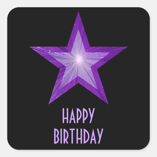 Lila Star-Aufkleber "Happy Birthday" schwarz Quadratischer Aufkleber (Vorderseite)