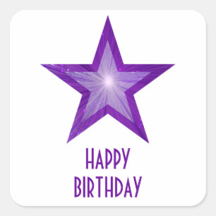Lila Star-Aufkleber "Happy Birthday" weiß Quadratischer Aufkleber