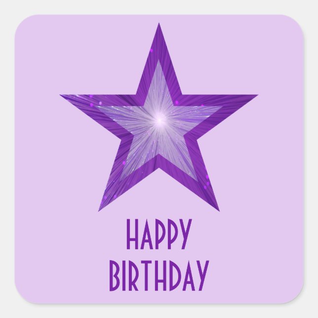 Lila Star "Happy Birthday" Platz lila Quadratischer Aufkleber (Vorderseite)