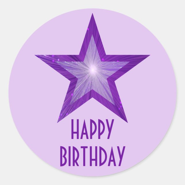 Lila Star "Happy Birthday" rund lila Runder Aufkleber (Vorderseite)