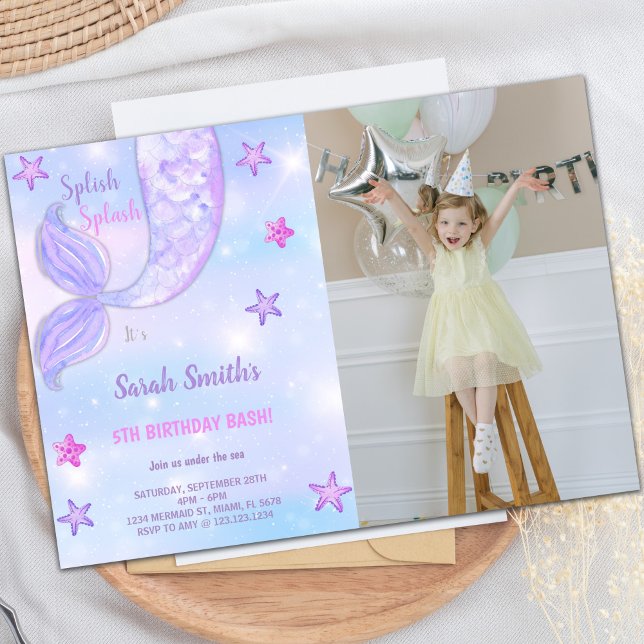 Lila Star Mermaid Geburtstag Einladungen (Purple Star Mermaid Birthday Invitations w photo)