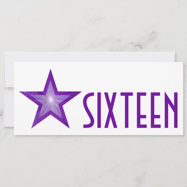 Lila Star "SIXTEEN" weiß lang Einladung (Vorderseite)