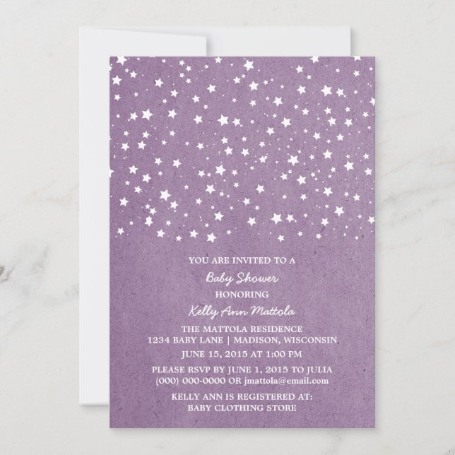 Lila Starry Night Baby Dusche einladen Einladung (Vorderseite)