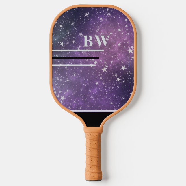 Lila Stars Glitzer Lines Individuelle Name Monogra Pickleball Schläger (Vorderseite)
