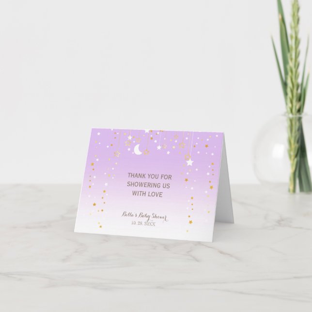 Lila Stars Moon Babydusche Dankeskarte (Vorderseite)