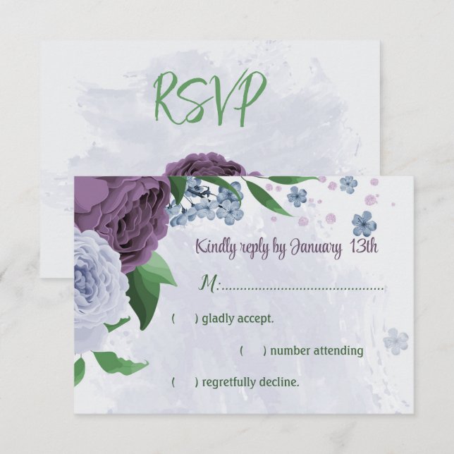 Lila staubblaue Blumen Grüne Blätter Hochzeit RSVP Karte (Vorne/Hinten)