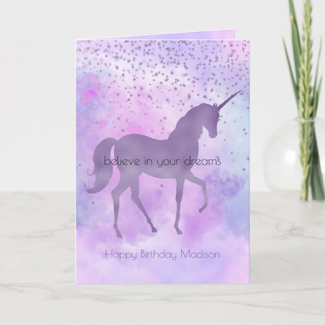 Lila Sterne Confetti Wasserfarbe Einhorn Geburtsta Karte (Vorderseite)