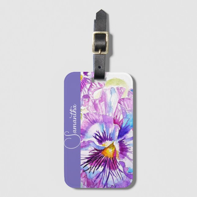 Lila Stiefmütterchen Aquarell Blumen Mädchen Name  Gepäckanhänger (Vorderseite Vertikal)