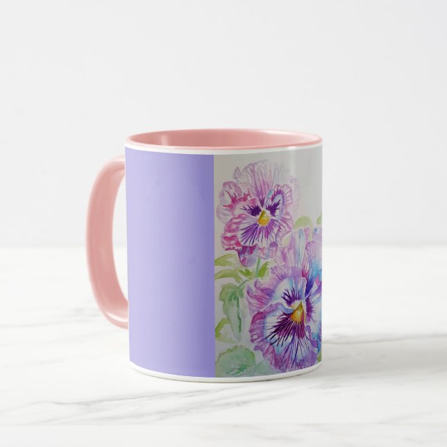 Lila Stiefmütterchen Aquarellmalerei Tasse pink (Vorderseite Links)