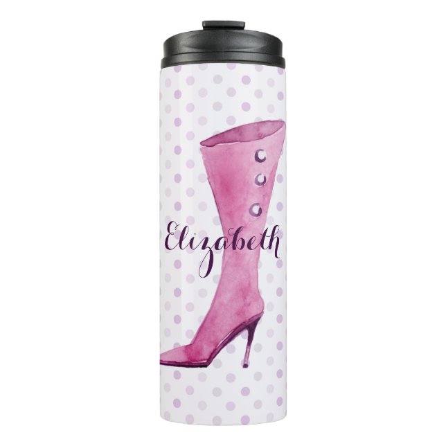 Lila Stiletto-Ferse Stiefel personalisiert Thermosbecher (Vorderseite)