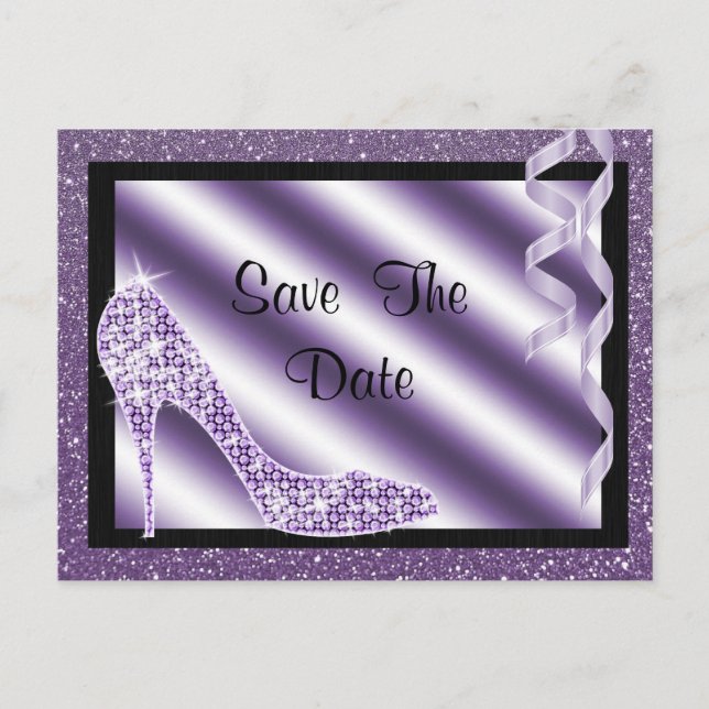 Lila Stiletto & Streamers 65. Save the Date Ankündigungspostkarte (Vorderseite)