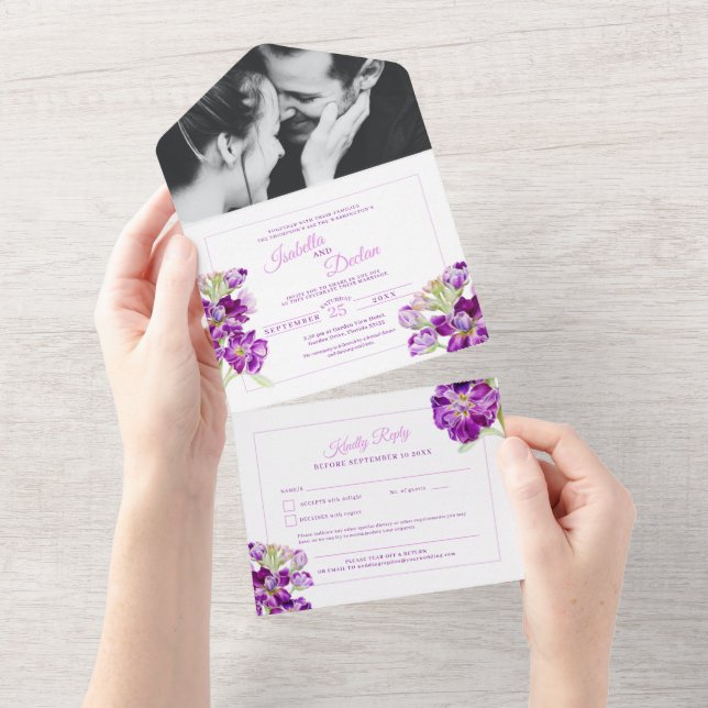 Lila Stock Aquarell Hochzeit UAWG All In One Einladung (Abreißen)