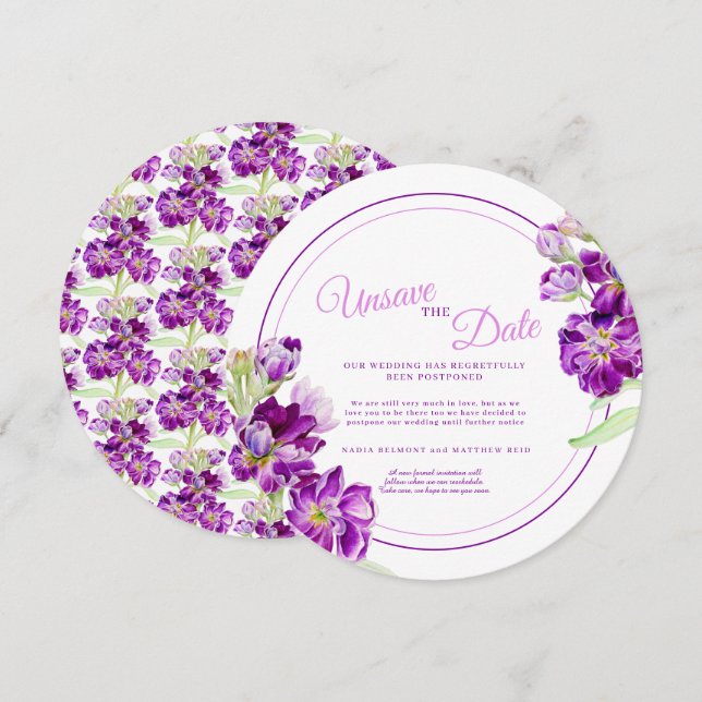 Lila Stock Blume Hochzeit ungerade das Datum rund Einladung (Vorne/Hinten)