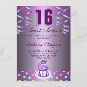 Lila Streamers & Cake Sweet 16 Geburtstag Einladun Einladung