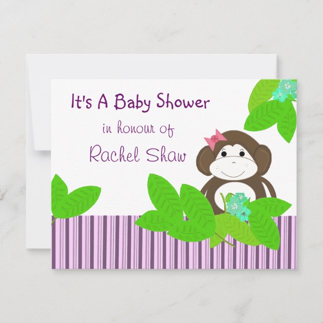 Lila Streifen Monkey Baby Dusche Einladung (Vorderseite)