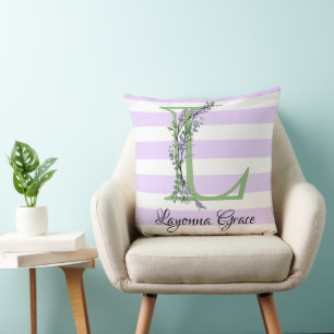 Lila Streifen-Monogramm des Lavendels Kissen