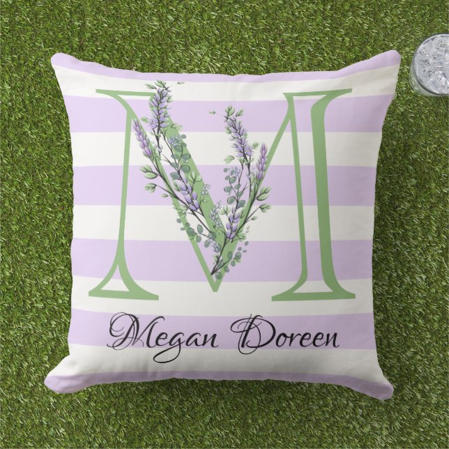 Lila Streifen-Monogramm des Lavendels Kissen (Gras)