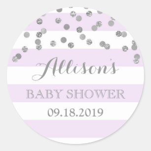Lila Streifen Silver Confetti Babydusche Gefallen Runder Aufkleber