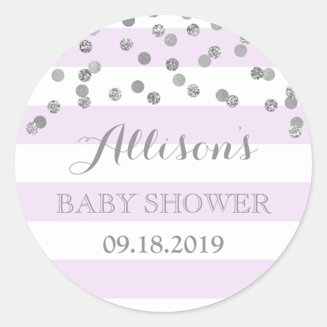 Lila Streifen Silver Confetti Babydusche Gefallen Runder Aufkleber (Vorderseite)