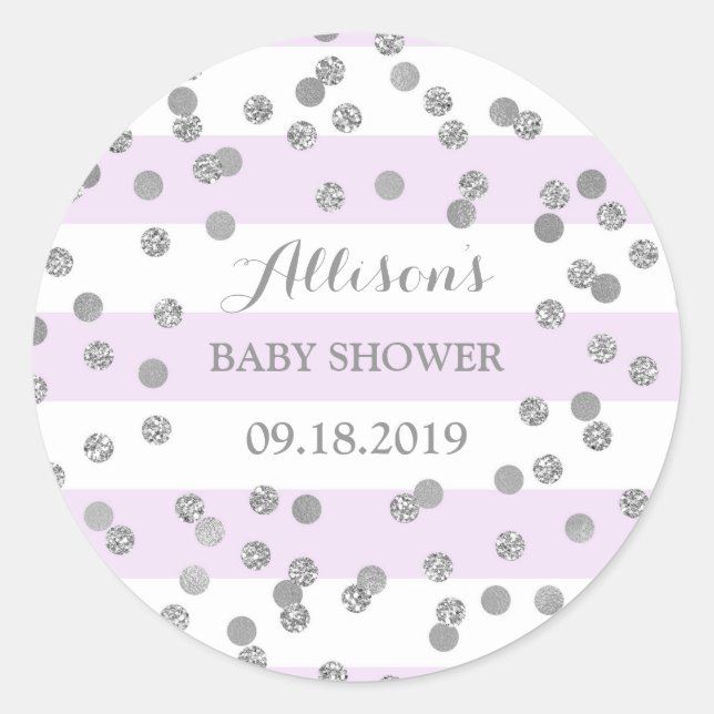 Lila Streifen Silver Confetti Babydusche Gefallen Runder Aufkleber (Vorderseite)
