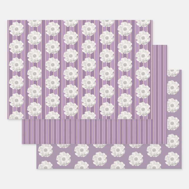 Lila Streifen Weiße Perlen Blume Geschenkpapier Set (Set)