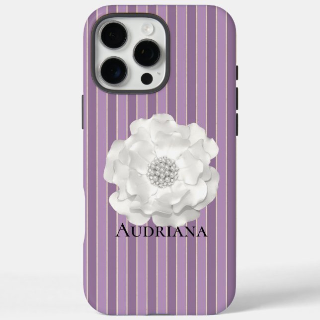 Lila Streifen Weiße Perlen Blume iPhone 16 Pro Max Hülle (Rückseite)