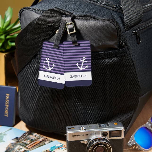 Lila Streifenmuster für Nautische Lavendel Gepäckanhänger (Vorderseite & Rückseite)