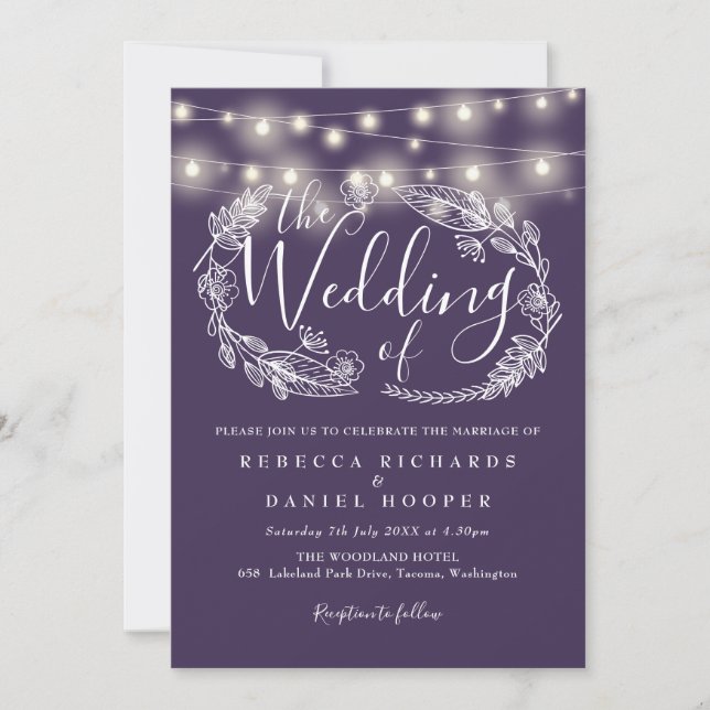 Lila String Lights Bluescript-Hochzeit Einladung (Vorderseite)