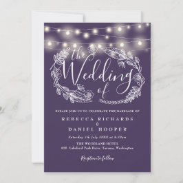 Lila String Lights Bluescript-Hochzeit Einladung