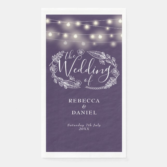 Lila String Lights Bluescript-Hochzeit Serviette (Vorderseite)