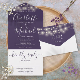 Lila String Lights Elegante Script-Hochzeit All In One Einladung
